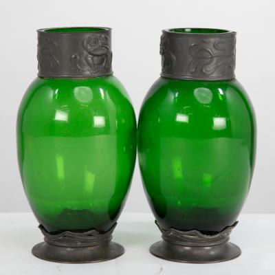 Osiris Pewter A Pair of Art Nouveau Pewter Green Glass Vases with Frog Decor