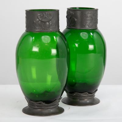 Osiris Pewter A Pair of Art Nouveau Pewter Green Glass Vases with Frog Decor
