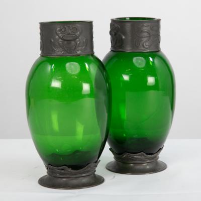 Osiris Pewter A Pair of Art Nouveau Pewter Green Glass Vases with Frog Decor