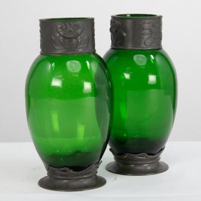 Osiris Pewter A Pair of Art Nouveau Pewter Green Glass Vases with Frog Decor