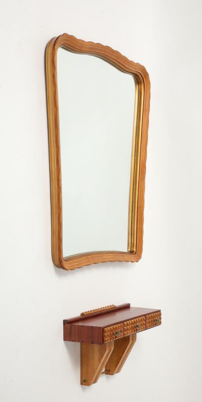 Osvaldo Borsani Carved Maple Mirror and Wall Mounted Rosewood Maple Console by Osvaldo Borsani
