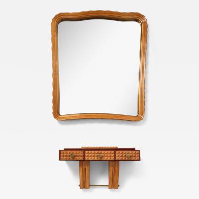 Osvaldo Borsani Carved Maple Mirror and Wall Mounted Rosewood Maple Console by Osvaldo Borsani