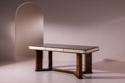 Osvaldo Borsani Italian Art D co Dining Table in Parchment Walnut and Black Glass