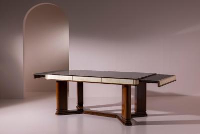 Osvaldo Borsani Italian Art D co Dining Table in Parchment Walnut and Black Glass