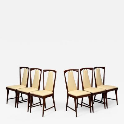 Osvaldo Borsani Osvaldo Borsani attr Mahogany Brass Leather Dining Chairs Italy 1950s