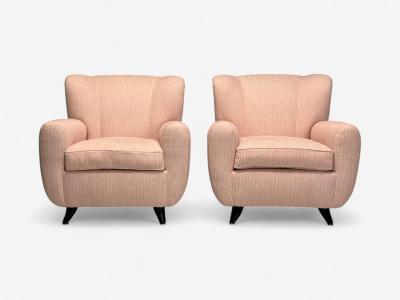 Osvaldo Borsani Osvaldo Borsani attr Pink Linen Wood Large Lounge Chairs Italy 1950s