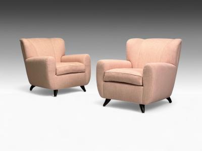 Osvaldo Borsani Osvaldo Borsani attr Pink Linen Wood Large Lounge Chairs Italy 1950s