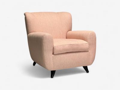 Osvaldo Borsani Osvaldo Borsani attr Pink Linen Wood Large Lounge Chairs Italy 1950s