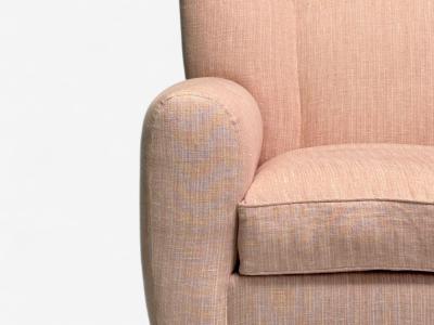 Osvaldo Borsani Osvaldo Borsani attr Pink Linen Wood Large Lounge Chairs Italy 1950s