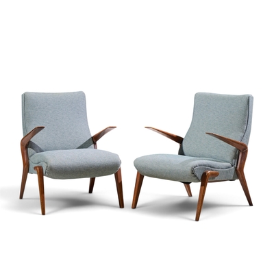 Osvaldo Borsani Osvaldo Borsani for Tecno PK71 Mid Century Italian Walnut Lounge Chairs Pair