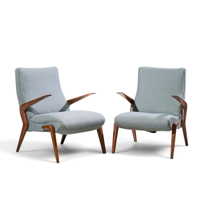 Osvaldo Borsani Osvaldo Borsani for Tecno PK71 Mid Century Italian Walnut Lounge Chairs Pair