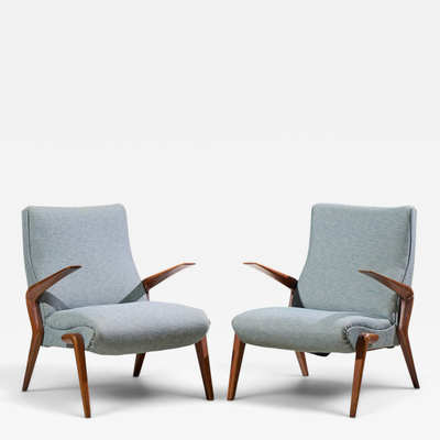 Osvaldo Borsani Osvaldo Borsani for Tecno PK71 Mid Century Italian Walnut Lounge Chairs Pair