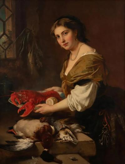 Otto Meyer A Magnificent Oil Painting A Dainty Bit A Woman With Lobster and Game 1869