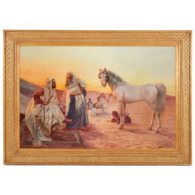 Otto Pilny Orientalist oil painting depicting the trade of a horse by Pilny