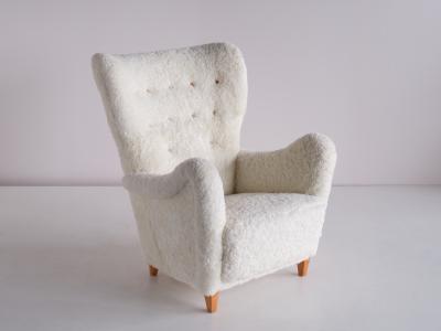 Otto Schulz Otto Schulz Armchair in White Sheepskin and Beech Boet Sweden 1940s