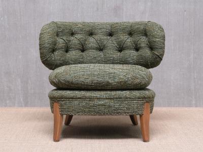 Otto Schulz Otto Schulz Lounge Chair in Green Pierre Frey Tweed and Beech Sweden 1940s