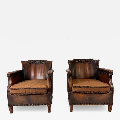 Otto Schulz Pair of Antique European Leather Club Chairs Circa 1920s 30s 