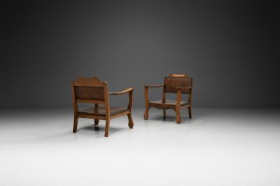 Otto Schulz Pair of Low Beech Armchairs with Leather by Otto Schulz Sweden Mid 20th Century