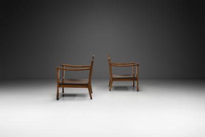 Otto Schulz Pair of Low Beech Armchairs with Leather by Otto Schulz Sweden Mid 20th Century