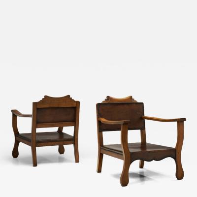 Otto Schulz Pair of Low Beech Armchairs with Leather by Otto Schulz Sweden Mid 20th Century