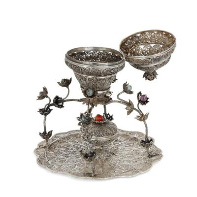 Ottoman filigreed silver and hardstone sweets dish