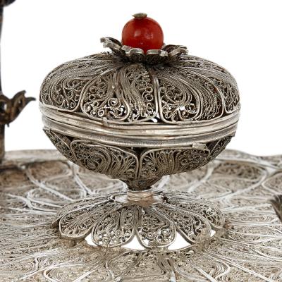 Ottoman filigreed silver and hardstone sweets dish