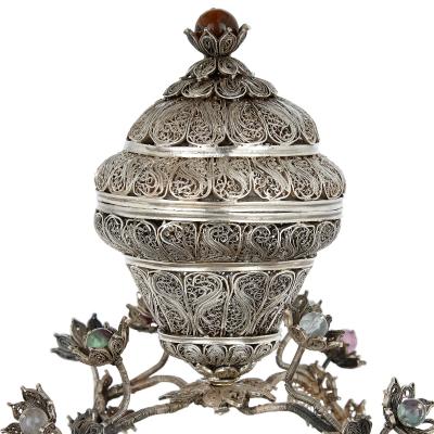 Ottoman filigreed silver and hardstone sweets dish
