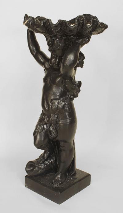 Outdoor Continental style large painted iron fountain with cupid at base holding
