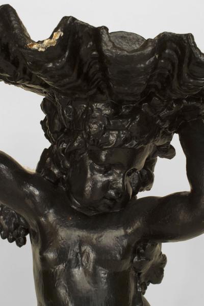 Outdoor Continental style large painted iron fountain with cupid at base holding