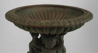 Outdoor Continental style painted iron fountain with triple cupid and dolphin ba