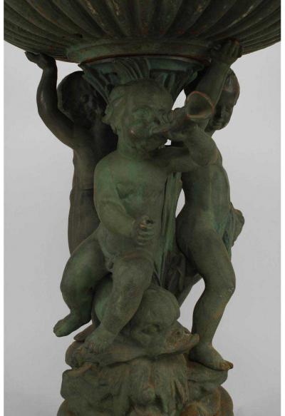 Outdoor Continental style painted iron fountain with triple cupid and dolphin ba