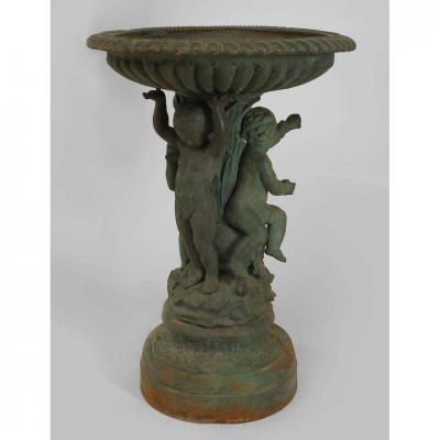 Outdoor Continental style painted iron fountain with triple cupid and dolphin ba