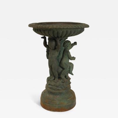 Outdoor Continental style painted iron fountain with triple cupid and dolphin ba