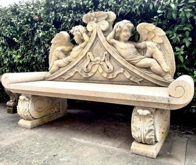 Outdoor Italian Finely Carved Large Lime Stone Bench Garden Furniture