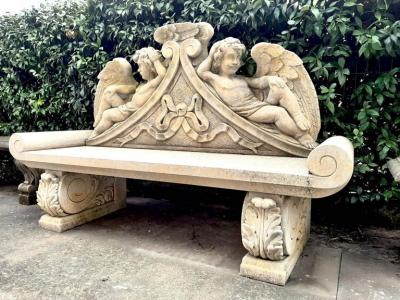Outdoor Italian Finely Carved Large Lime Stone Bench Garden Furniture