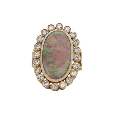 Oval Boulder Opal 2 Carat Round Cut Diamond Halo 18K Gold Vintage Ring