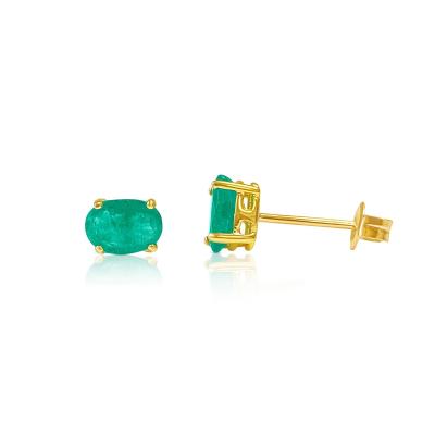 Oval Cut Natural Emerald Stud Earrings in 18k Solid Gold