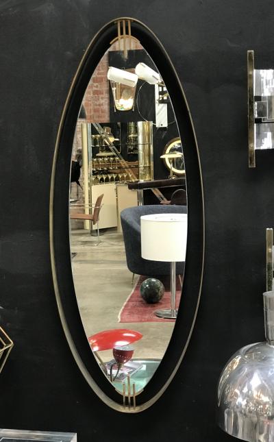 Oval Mirror with Iron Floating and Brass Style Frame Italy 1970s