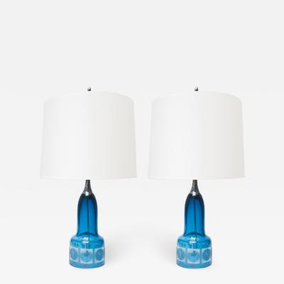 Ove Sandeberg Pair of Scandinavian Modern Blue Etched Glass Lamps by Ove Sandberg Kosta