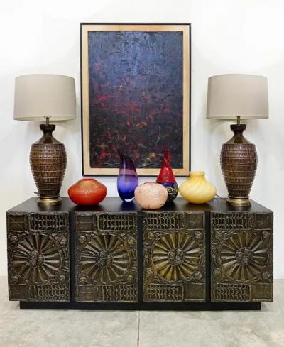 Overscale Glazed Mid century Modern Ceramic Table Lamps Pair