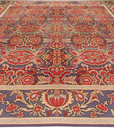 Oversized Antique French Aubusson Bold Geometric Handmade Wool Carpet