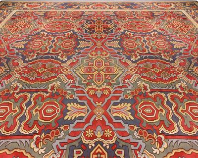 Oversized Antique French Aubusson Bold Geometric Handmade Wool Carpet
