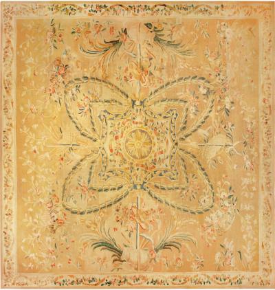Oversized Antique French Aubusson Yellow Handmade Wool Carpet