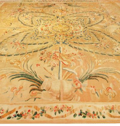 Oversized Antique French Aubusson Yellow Handmade Wool Carpet