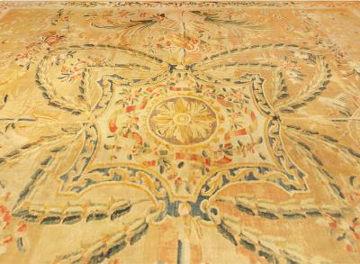 Oversized Antique French Aubusson Yellow Handmade Wool Carpet