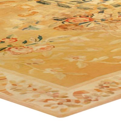 Oversized Antique French Aubusson Yellow Handmade Wool Carpet