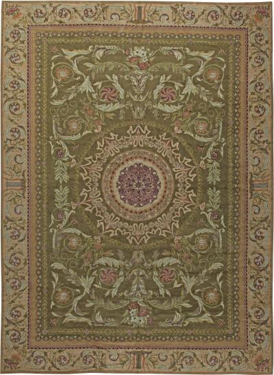 Oversized Antique Savonnerie Bold Botanic Green Hand Knotted Wool Carpet