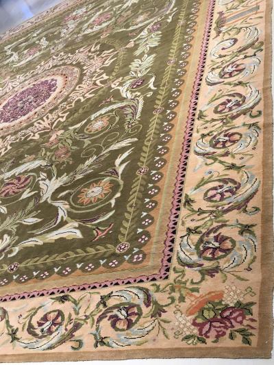 Oversized Antique Savonnerie Bold Botanic Green Hand Knotted Wool Carpet