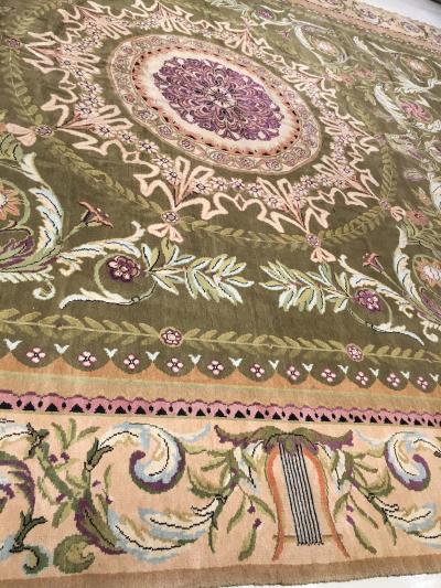 Oversized Antique Savonnerie Bold Botanic Green Hand Knotted Wool Carpet