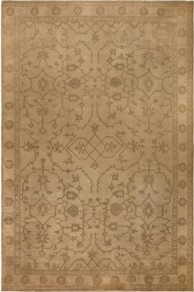 Oversized Antique Turkish Oushak Botanic Brown Handwoven Wool Rug